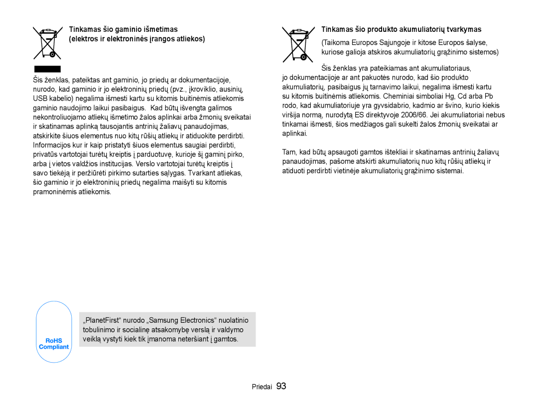 Samsung EC-PL90ZZBPERU manual Tinkamas šio produkto akumuliatorių tvarkymas 