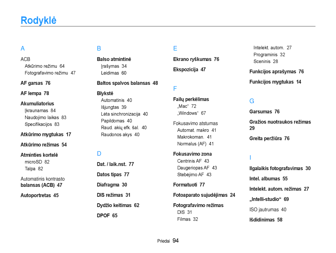 Samsung EC-PL90ZZBPERU manual Rodyklė 