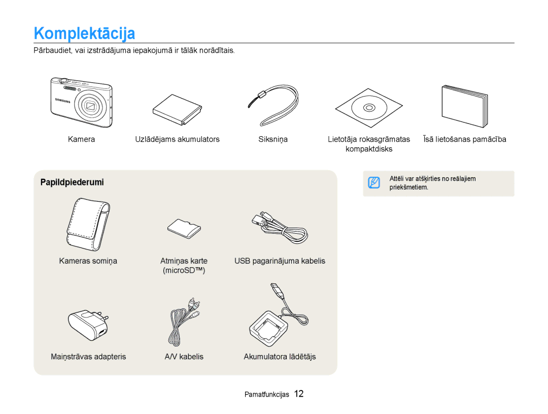 Samsung EC-PL90ZZBPERU manual Komplektācija, Papildpiederumi, Kameras somiņa, Maiņstrāvas adapteris Kabelis 