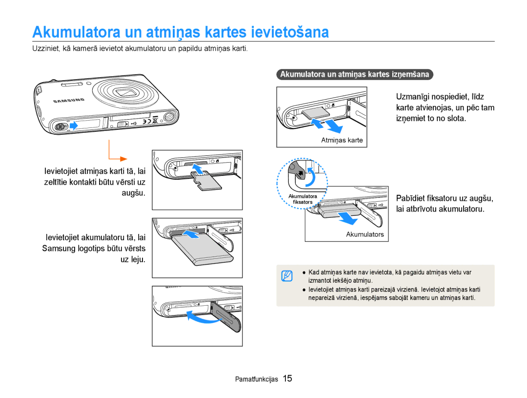 Samsung EC-PL90ZZBPERU manual Akumulatora un atmiņas kartes ievietošana, Uz leju, Akumulatora un atmiņas kartes izņemšana 