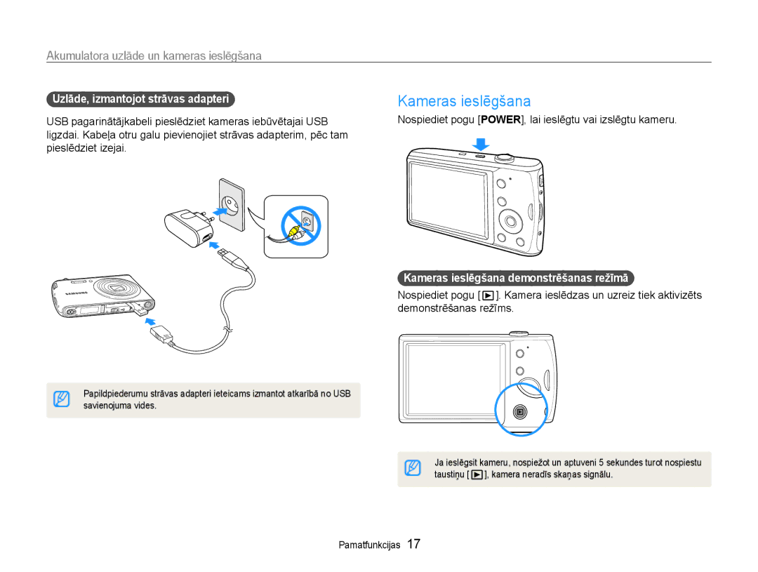 Samsung EC-PL90ZZBPERU Kameras ieslēgšana, Akumulatora uzlāde un kameras ieslēgšana, Uzlāde, izmantojot strāvas adapteri 