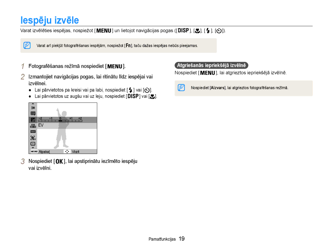 Samsung EC-PL90ZZBPERU manual Iespēju izvēle, Izvēlnei, Nospiediet, Vai izvēlni, Atgriešanās iepriekšējā izvēlnē 