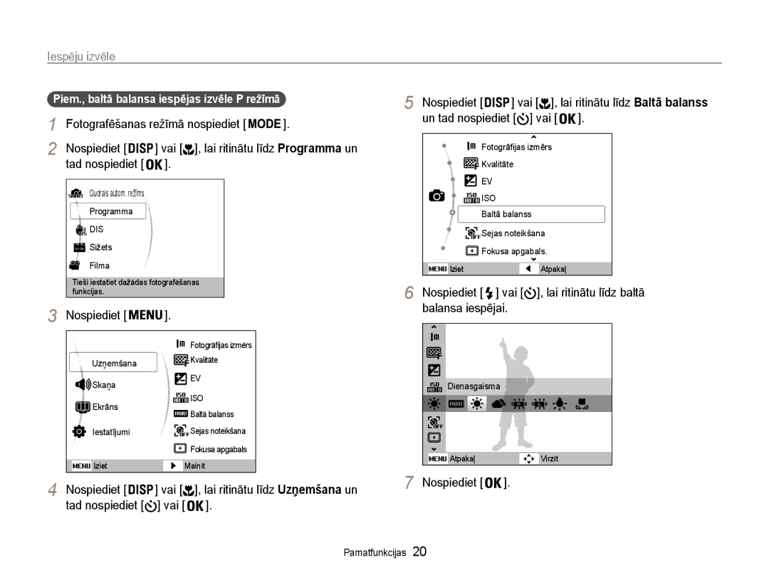 Samsung EC-PL90ZZBPERU manual Iespēju izvēle, Vai Nospiediet, Un tad nospiediet vai 