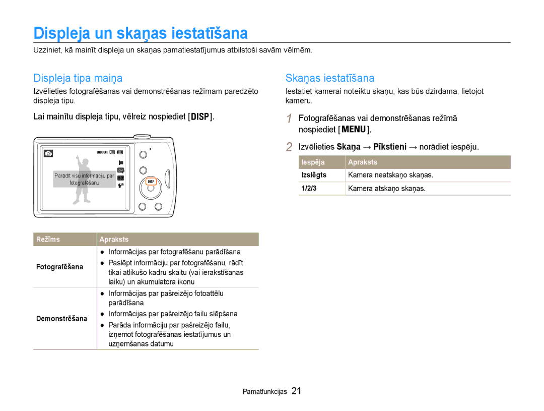 Samsung EC-PL90ZZBPERU manual Displeja un skaņas iestatīšana, Displeja tipa maiņa, Skaņas iestatīšana 