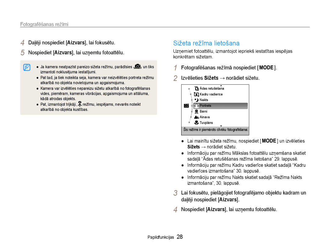 Samsung EC-PL90ZZBPERU manual Sižeta režīma lietošana, Fotografēšanas režīmi 