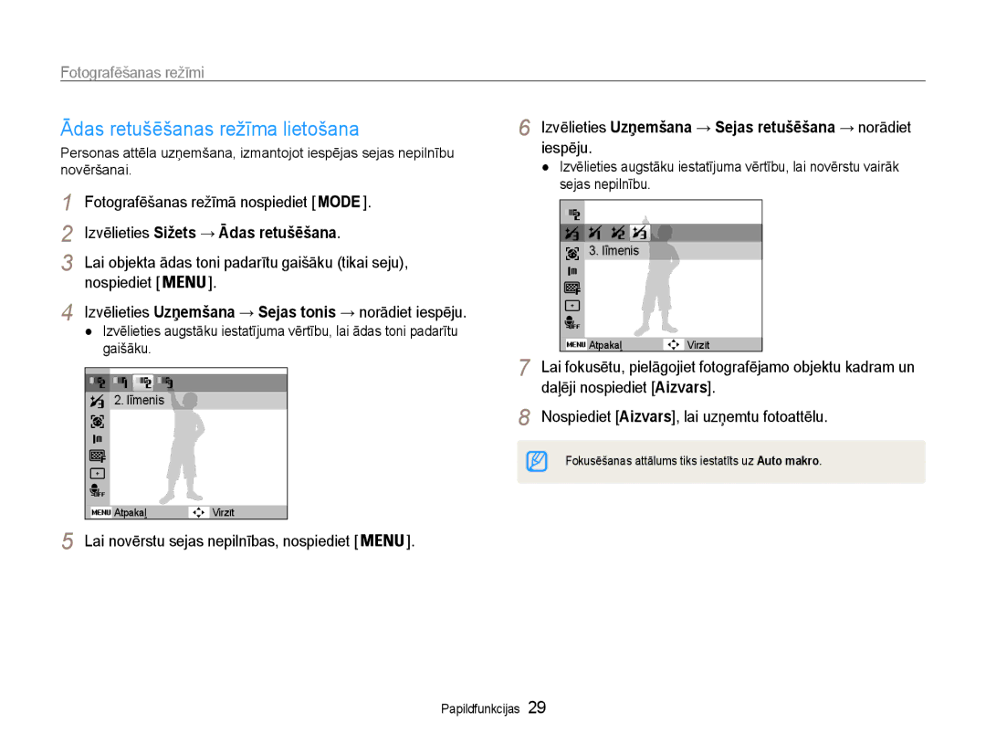 Samsung EC-PL90ZZBPERU manual Ādas retušēšanas režīma lietošana, Izvēlieties Sižets → Ādas retušēšana 