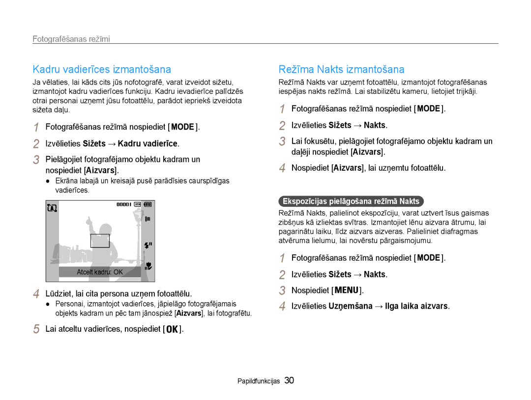 Samsung EC-PL90ZZBPERU manual Kadru vadierīces izmantošana, Režīma Nakts izmantošana 