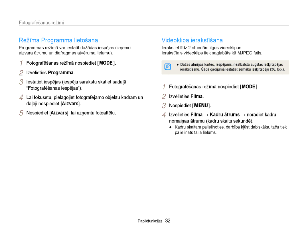 Samsung EC-PL90ZZBPERU manual Režīma Programma lietošana, Videoklipa ierakstīšana, Nomaiņas ātrumu kadru skaits sekundē 