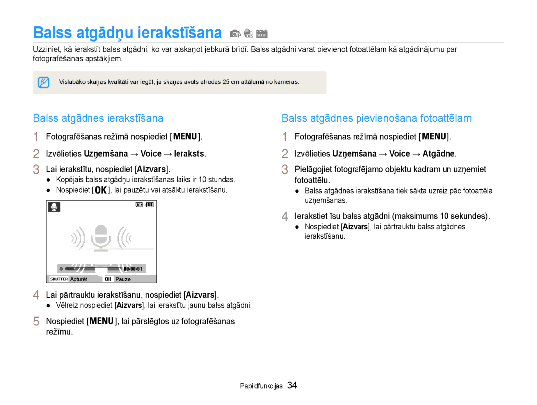 Samsung EC-PL90ZZBPERU Balss atgādņu ierakstīšana, Balss atgādnes ierakstīšana, Balss atgādnes pievienošana fotoattēlam 