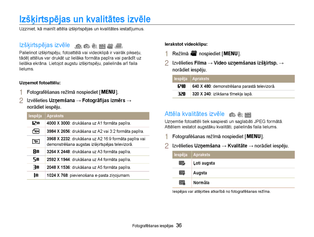 Samsung EC-PL90ZZBPERU manual Izšķirtspējas un kvalitātes izvēle, Izšķirtspējas izvēle, Attēla kvalitātes izvēle 