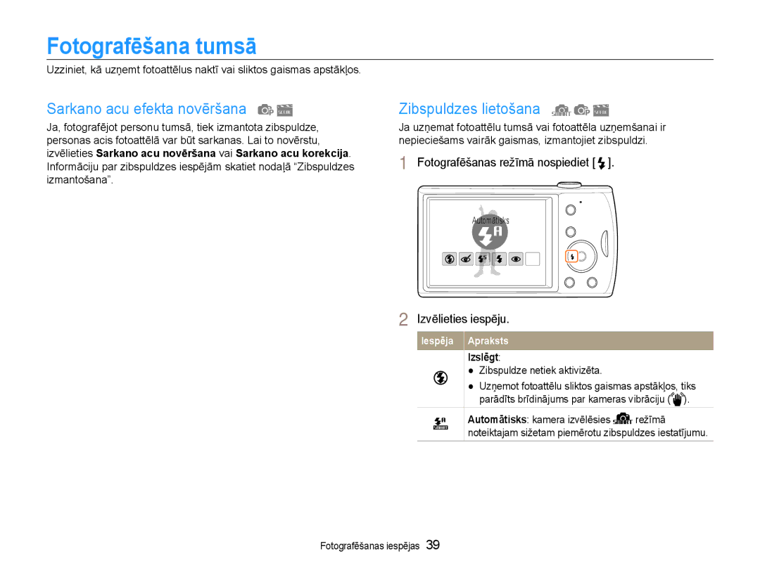 Samsung EC-PL90ZZBPERU manual Fotografēšana tumsā, Sarkano acu efekta novēršana, Zibspuldzes lietošana, Izslēgt 