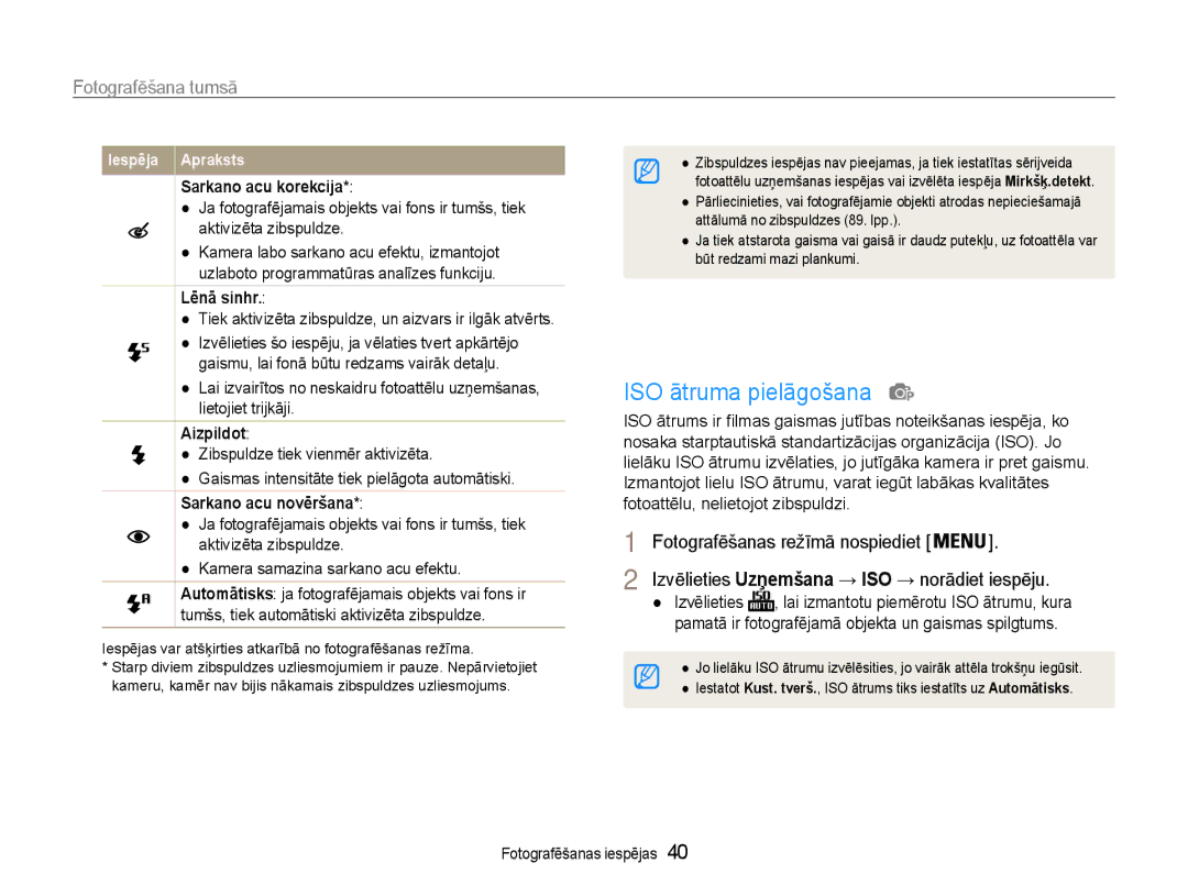 Samsung EC-PL90ZZBPERU manual ISO ātruma pielāgošana, Fotografēšana tumsā 