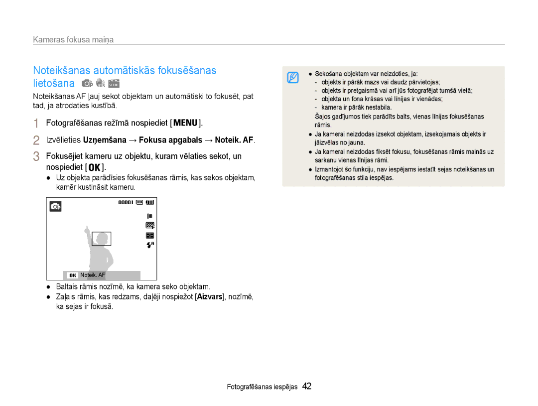 Samsung EC-PL90ZZBPERU manual Kameras fokusa maiņa, Fokusējiet kameru uz objektu, kuram vēlaties sekot, un 