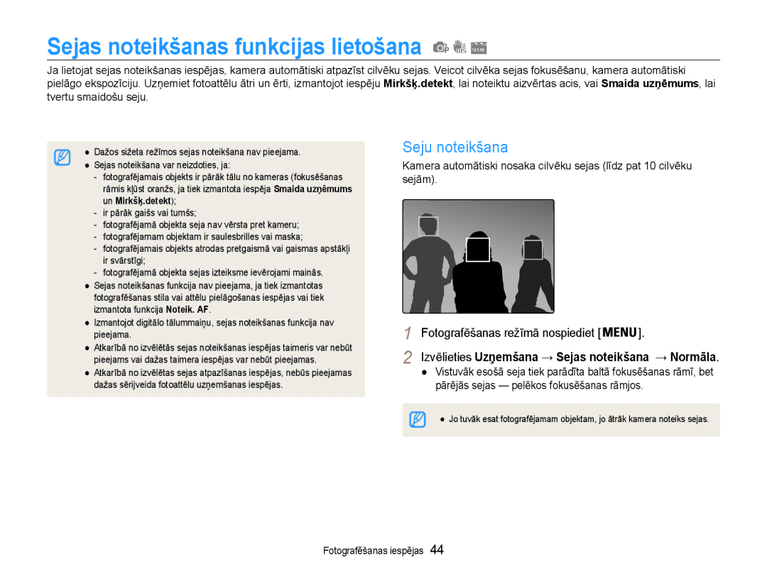 Samsung EC-PL90ZZBPERU manual Sejas noteikšanas funkcijas lietošana, Seju noteikšana 