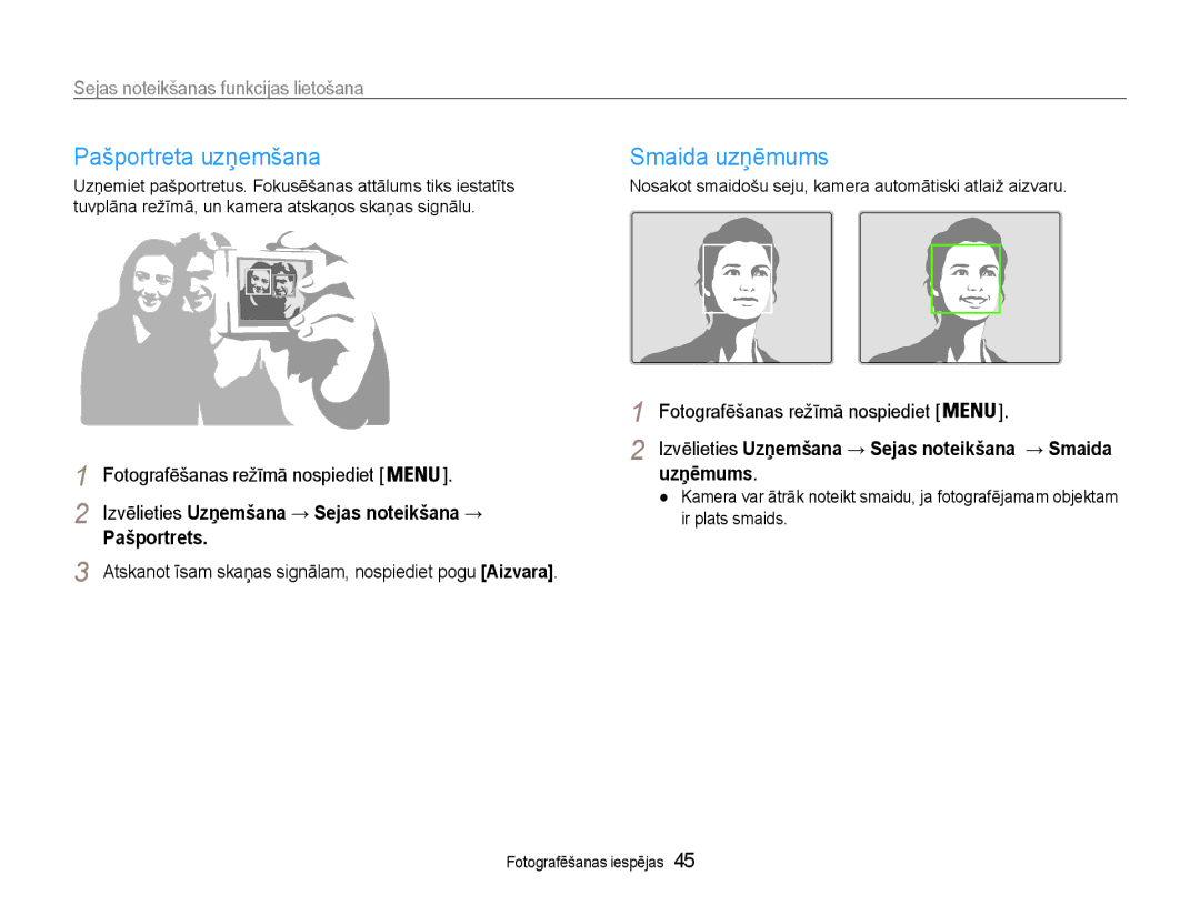 Samsung EC-PL90ZZBPERU Pašportreta uzņemšana, Smaida uzņēmums, Izvēlieties Uzņemšana → Sejas noteikšana →, Pašportrets 