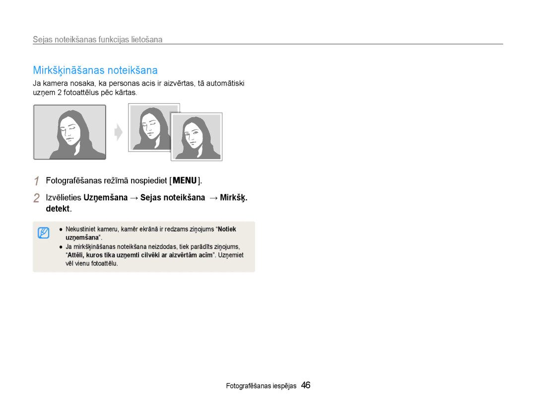 Samsung EC-PL90ZZBPERU manual Mirkšķināšanas noteikšana, Detekt, Izvēlieties Uzņemšana → Sejas noteikšana → Mirkšķ 