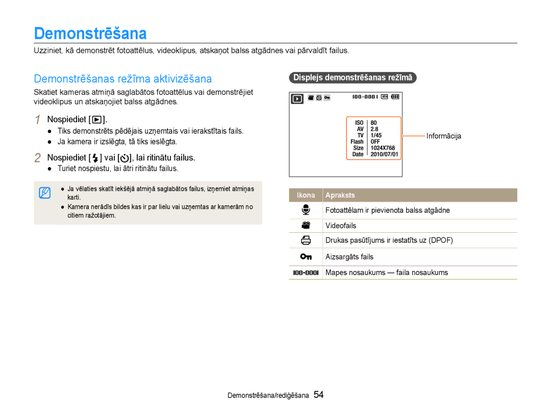 Samsung EC-PL90ZZBPERU manual Demonstrēšanas režīma aktivizēšana, Nospiediet vai , lai ritinātu failus 