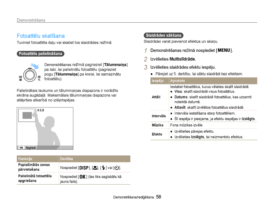 Samsung EC-PL90ZZBPERU manual Izvēlieties Multislīdrāde, Tuviniet fotoattēla daļu vai skatiet tos slaidrādes režīmā 