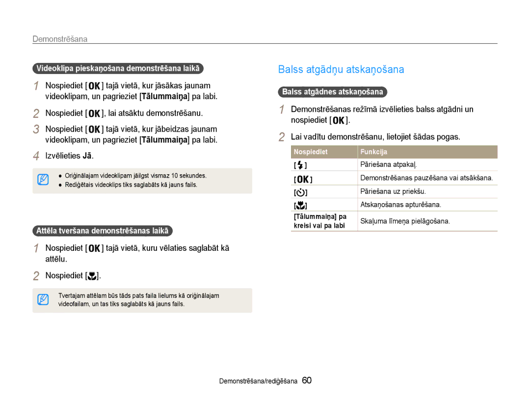 Samsung EC-PL90ZZBPERU manual Balss atgādņu atskaņošana, Nospiediet Lai atsāktu demonstrēšanu, Izvēlieties Jā 