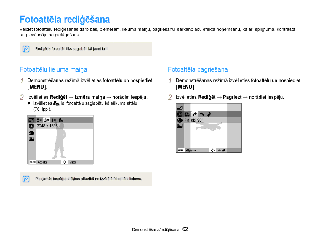 Samsung EC-PL90ZZBPERU manual Fotoattēla rediģēšana, Fotoattēlu lieluma maiņa, Fotoattēla pagriešana, Lpp 