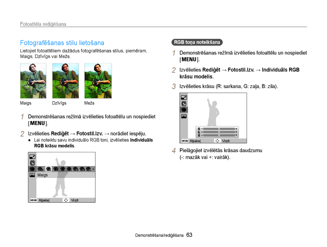 Samsung EC-PL90ZZBPERU manual Fotoattēla rediģēšana, Krāsu modelis, Izvēlieties krāsu R sarkana, G zaļa, B zila 