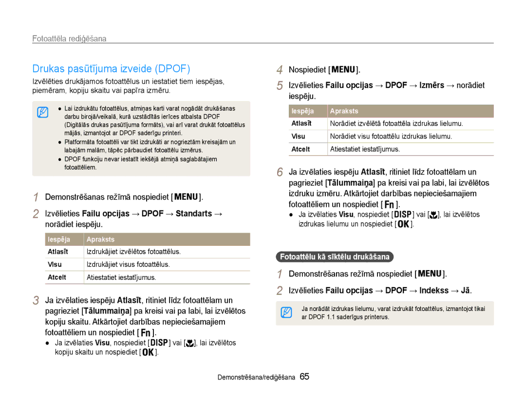 Samsung EC-PL90ZZBPERU manual Drukas pasūtījuma izveide Dpof, Norādiet izvēlētā fotoattēla izdrukas lielumu 