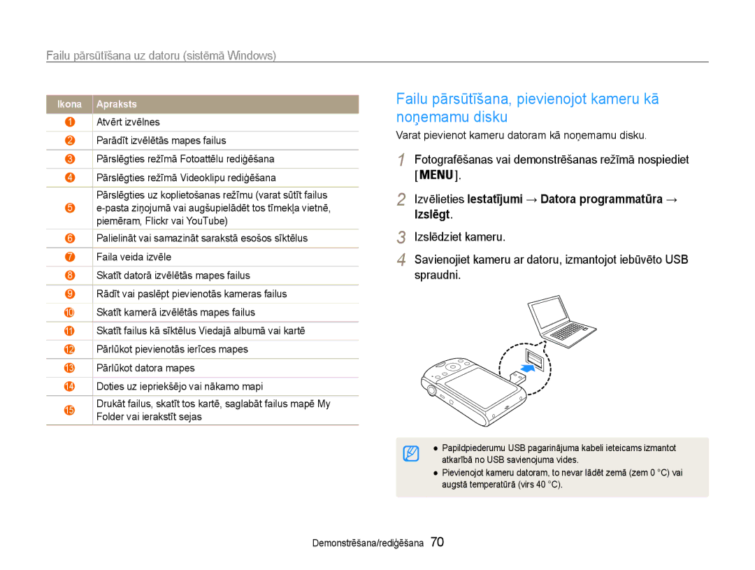 Samsung EC-PL90ZZBPERU manual Failu pārsūtīšana, pievienojot kameru kā noņemamu disku 