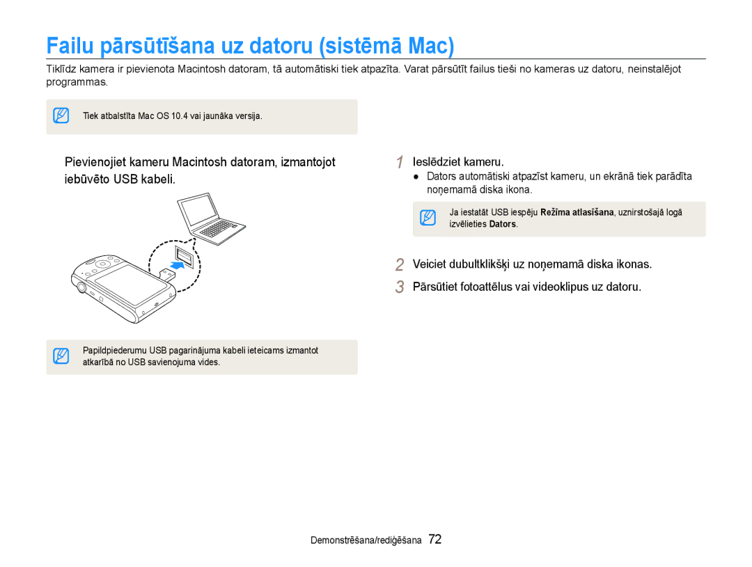 Samsung EC-PL90ZZBPERU manual Failu pārsūtīšana uz datoru sistēmā Mac, Pārsūtiet fotoattēlus vai videoklipus uz datoru 