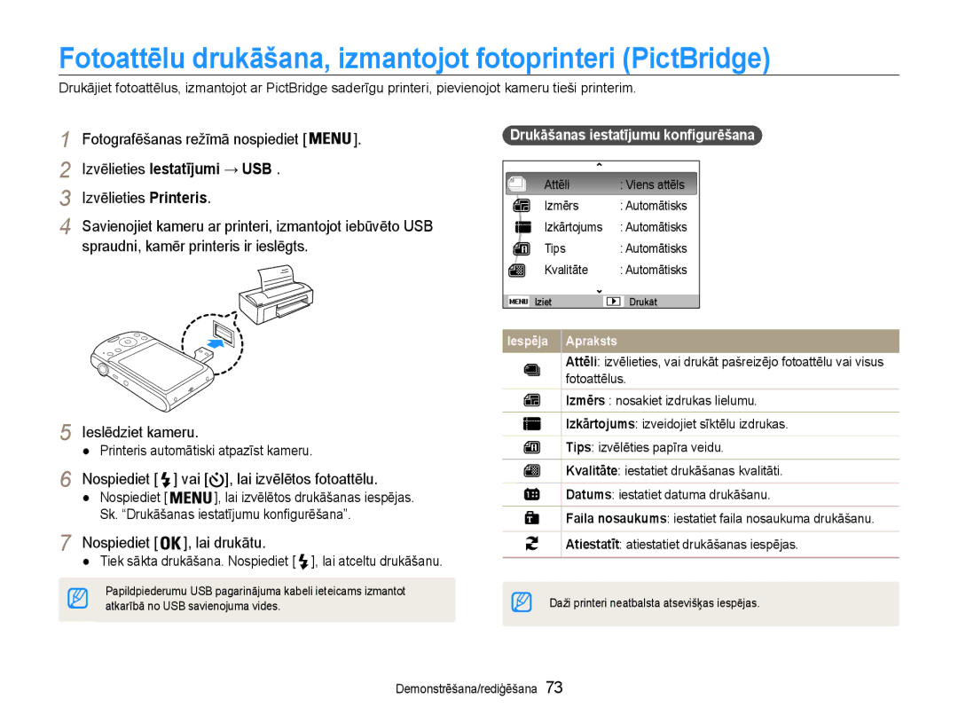 Samsung EC-PL90ZZBPERU manual Fotoattēlu drukāšana, izmantojot fotoprinteri PictBridge, Izvēlieties Iestatījumi → USB 