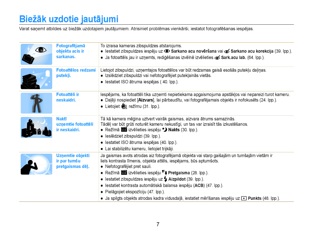 Samsung EC-PL90ZZBPERU manual Biežāk uzdotie jautājumi, Sark.acu lab . lpp, Pretgaisma 28. lpp 