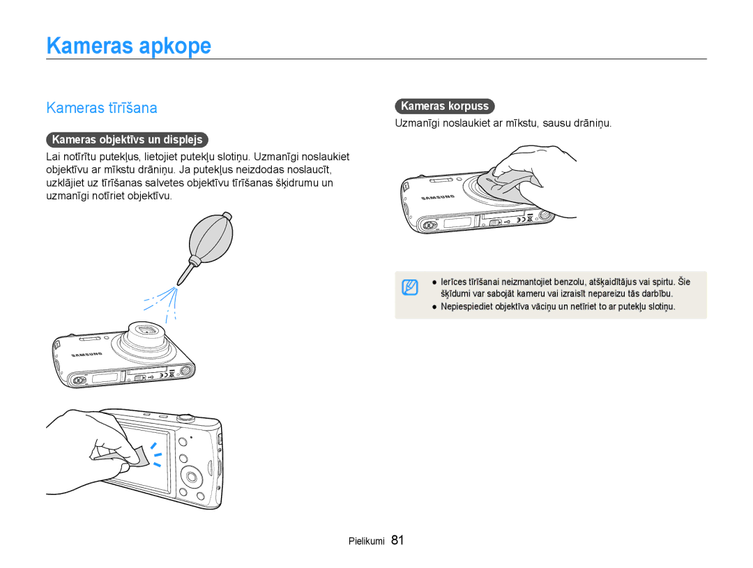 Samsung EC-PL90ZZBPERU manual Kameras apkope, Kameras tīrīšana, Kameras objektīvs un displejs, Kameras korpuss 