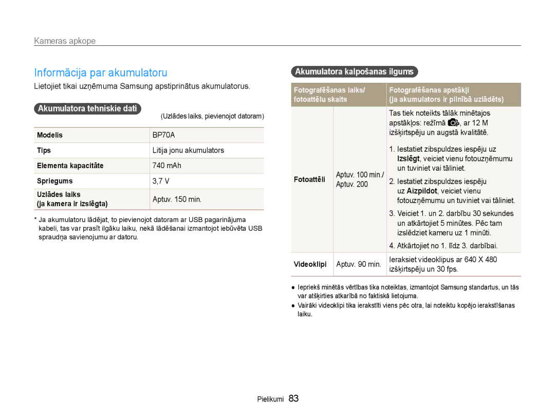 Samsung EC-PL90ZZBPERU manual Informācija par akumulatoru, Akumulatora tehniskie dati, Akumulatora kalpošanas ilgums 