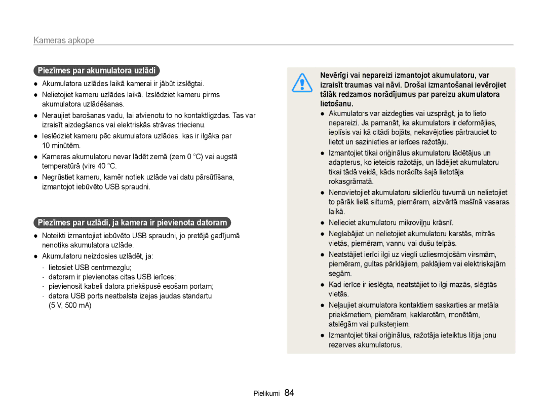 Samsung EC-PL90ZZBPERU manual Piezīmes par akumulatora uzlādi, Piezīmes par uzlādi, ja kamera ir pievienota datoram, 500 mA 