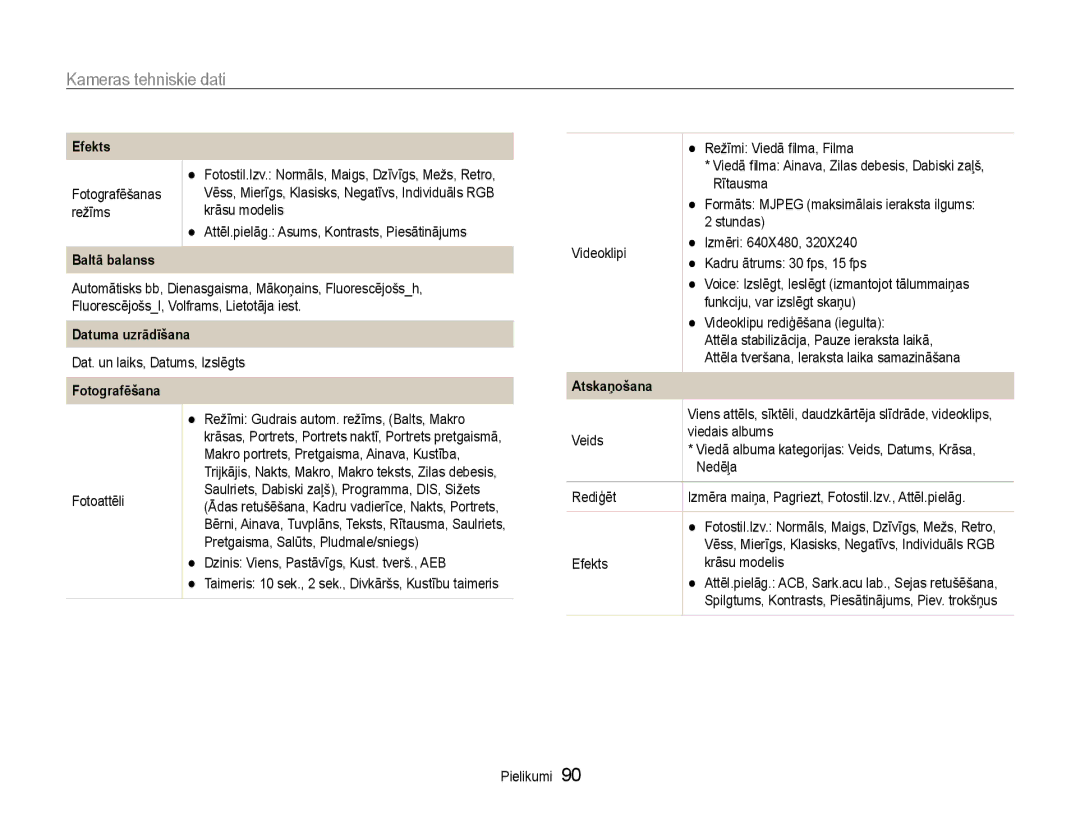 Samsung EC-PL90ZZBPERU manual Kameras tehniskie dati, Baltā balanss, Datuma uzrādīšana, Atskaņošana 