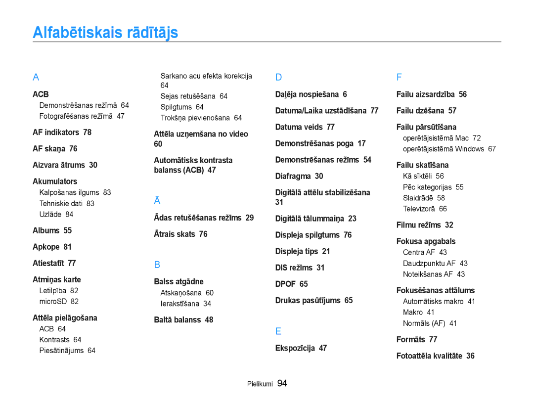 Samsung EC-PL90ZZBPERU manual Alfabētiskais rādītājs 