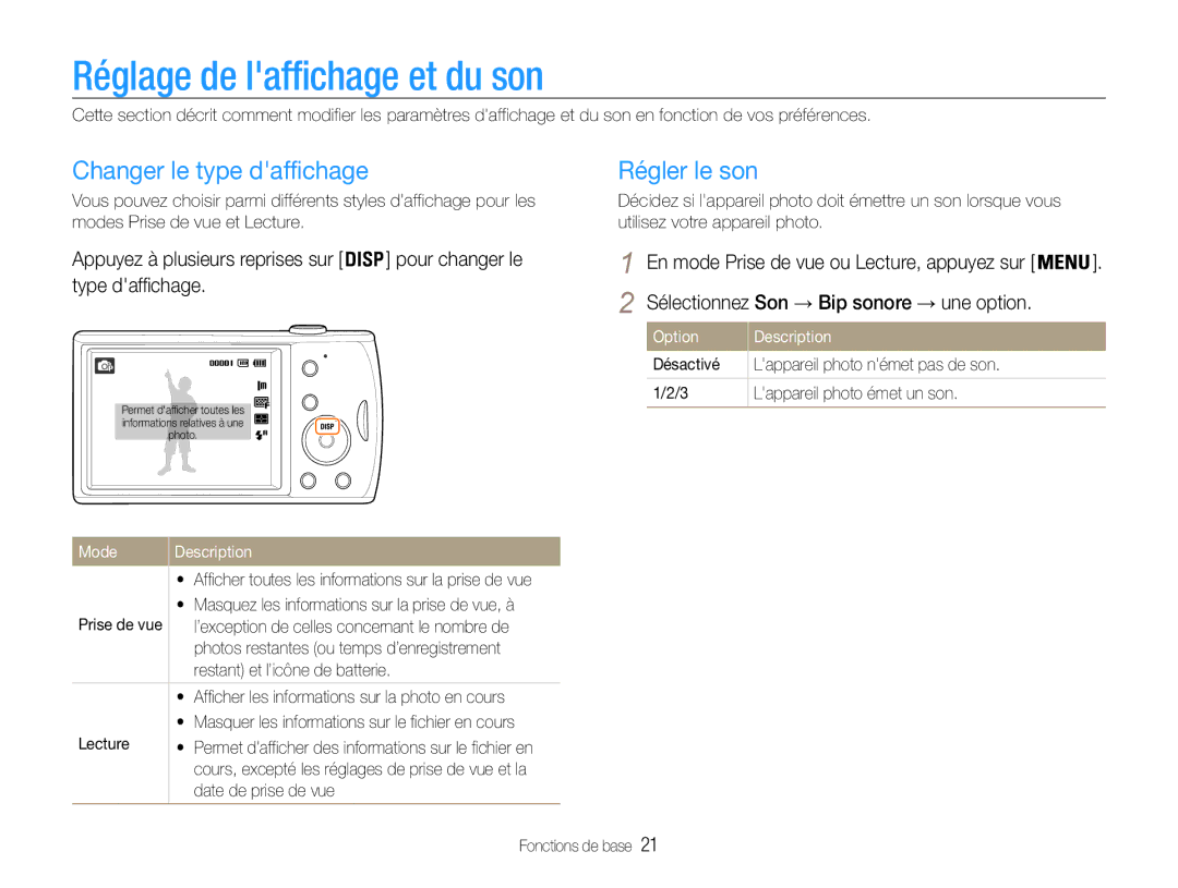 Samsung EC-PL90ZZBPEE1 Réglage de laffichage et du son, Changer le type daffichage, Régler le son, Option Description 