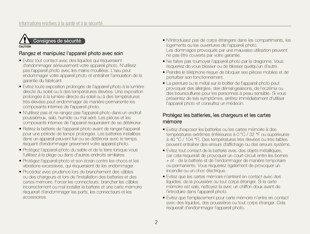 Samsung EC-PL90ZZBPAE1 Informations﻿ relatives à la santé et à la sécurité, Rangez et manipulez lappareil photo avec soin 