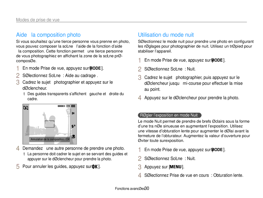 Samsung EC-PL90ZZBPAE1, EC-PL90ZZBPRE1, EC-PL90ZZBARE1, EC-PL90ZZBPEE1 Aide à la composition photo, Utilisation du mode nuit 