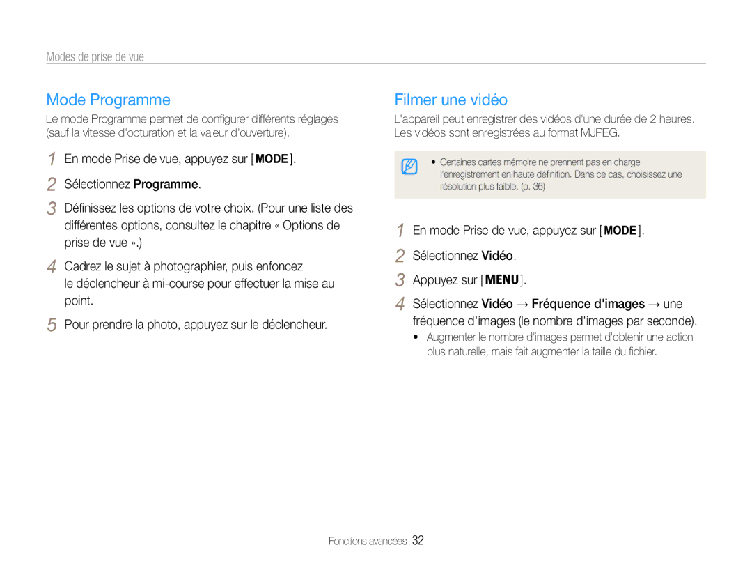 Samsung EC-PL90ZZBARE1, EC-PL90ZZBPRE1, EC-PL90ZZBPEE1 Mode Programme, Filmer une vidéo, En mode Prise de vue, appuyez sur 