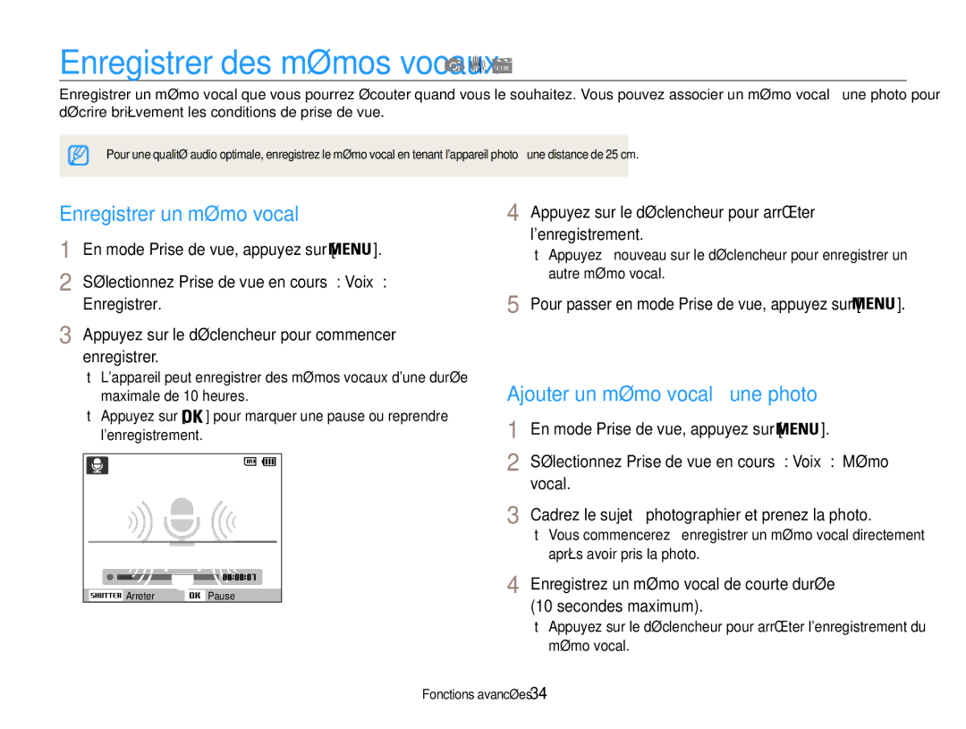 Samsung EC-PL90ZZBPAE1 manual Enregistrer des mémos vocaux, Enregistrer un mémo vocal, Ajouter un mémo vocal à une photo 