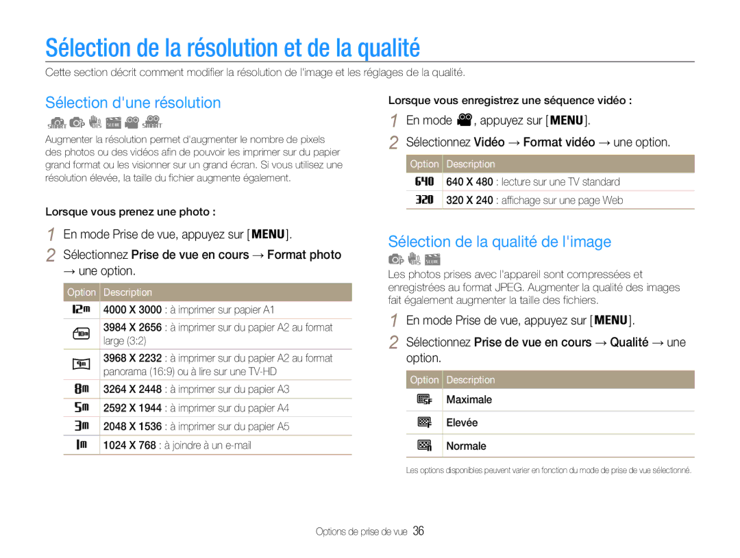 Samsung EC-PL90ZZBARE1, EC-PL90ZZBPRE1 manual Sélection de la résolution et de la qualité, Sélection dune résolution 