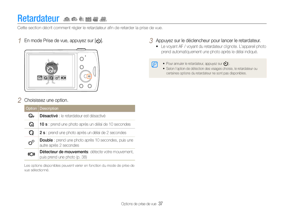 Samsung EC-PL90ZZBPEE1, EC-PL90ZZBPRE1, EC-PL90ZZBARE1 Retardateur, Appuyez sur le déclencheur pour lancer le retardateur 