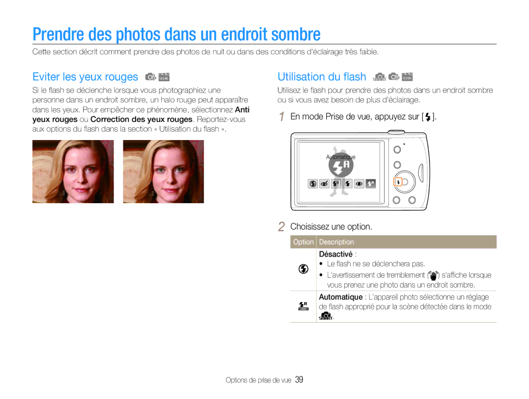 Samsung EC-PL90ZZBPRE1 manual Prendre des photos dans un endroit sombre, Eviter les yeux rouges, Utilisation du flash 