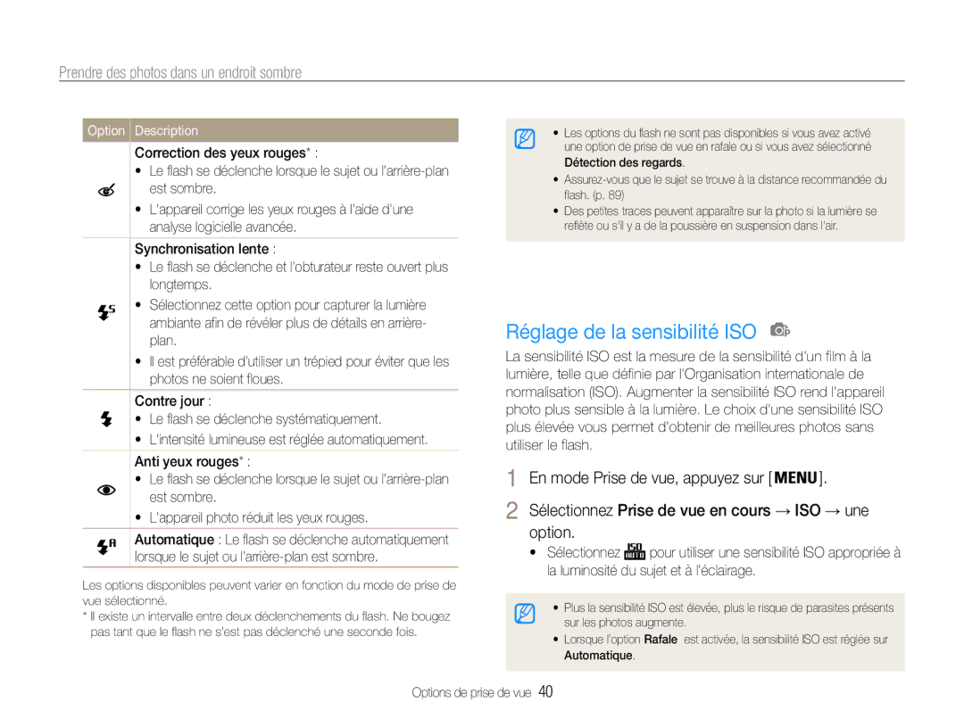 Samsung EC-PL90ZZBARE1, EC-PL90ZZBPRE1 manual Réglage de la sensibilité ISO, Prendre des photos dans un endroit sombre 