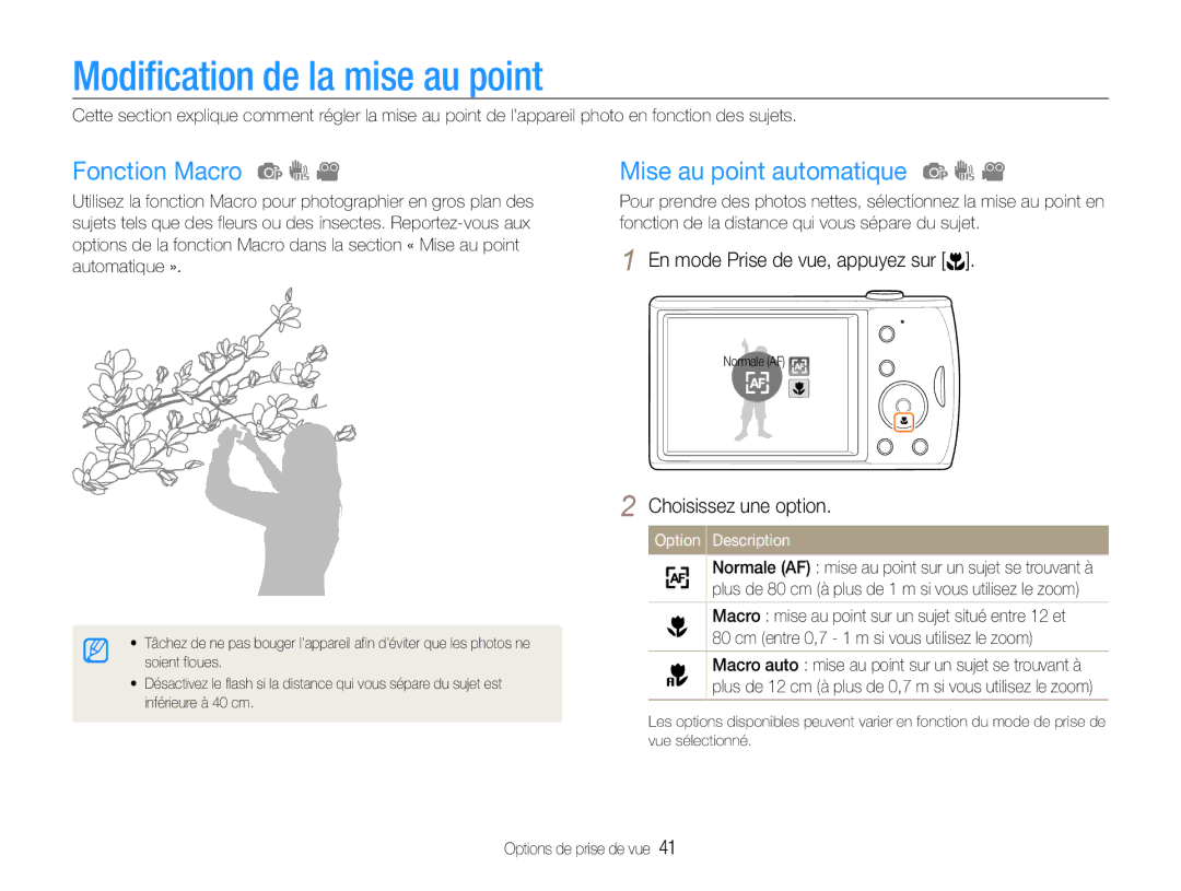 Samsung EC-PL90ZZBPEE1, EC-PL90ZZBPRE1 manual Modification de la mise au point, Fonction Macro, Mise au point automatique 