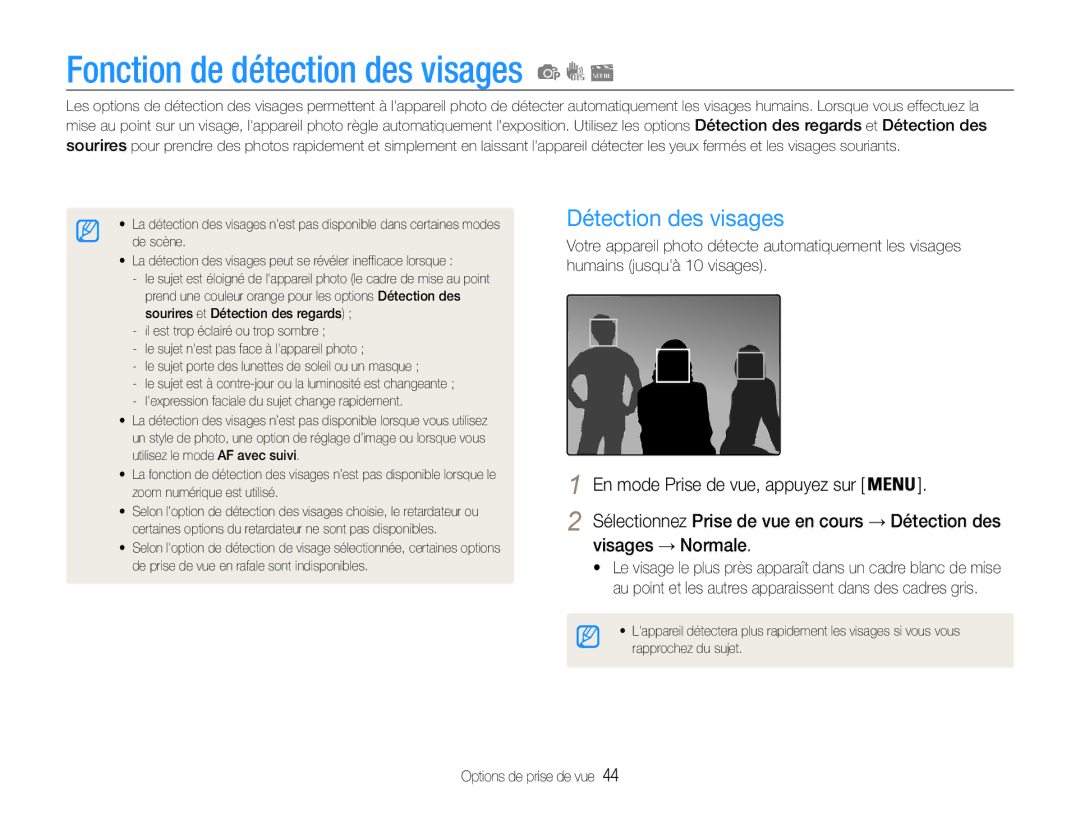 Samsung EC-PL90ZZBARE1, EC-PL90ZZBPRE1 manual Fonction de détection des visages, Détection des visages, Visages → Normale 