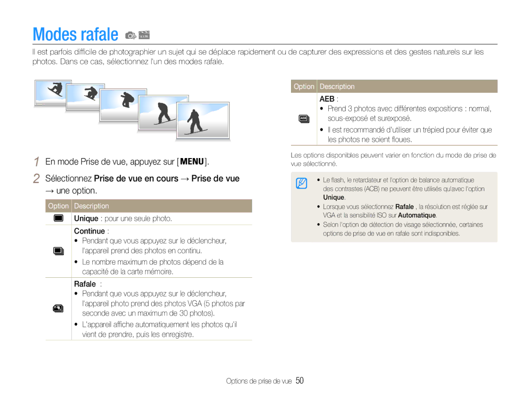 Samsung EC-PL90ZZBPAE1, EC-PL90ZZBPRE1, EC-PL90ZZBARE1, EC-PL90ZZBPEE1 manual Modes rafale 