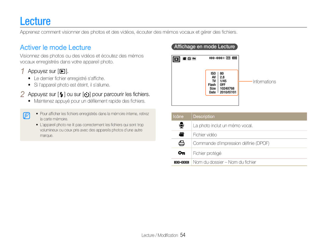 Samsung EC-PL90ZZBPAE1, EC-PL90ZZBPRE1 manual Activer le mode Lecture, Appuyez sur ou sur pour parcourir les fichiers 