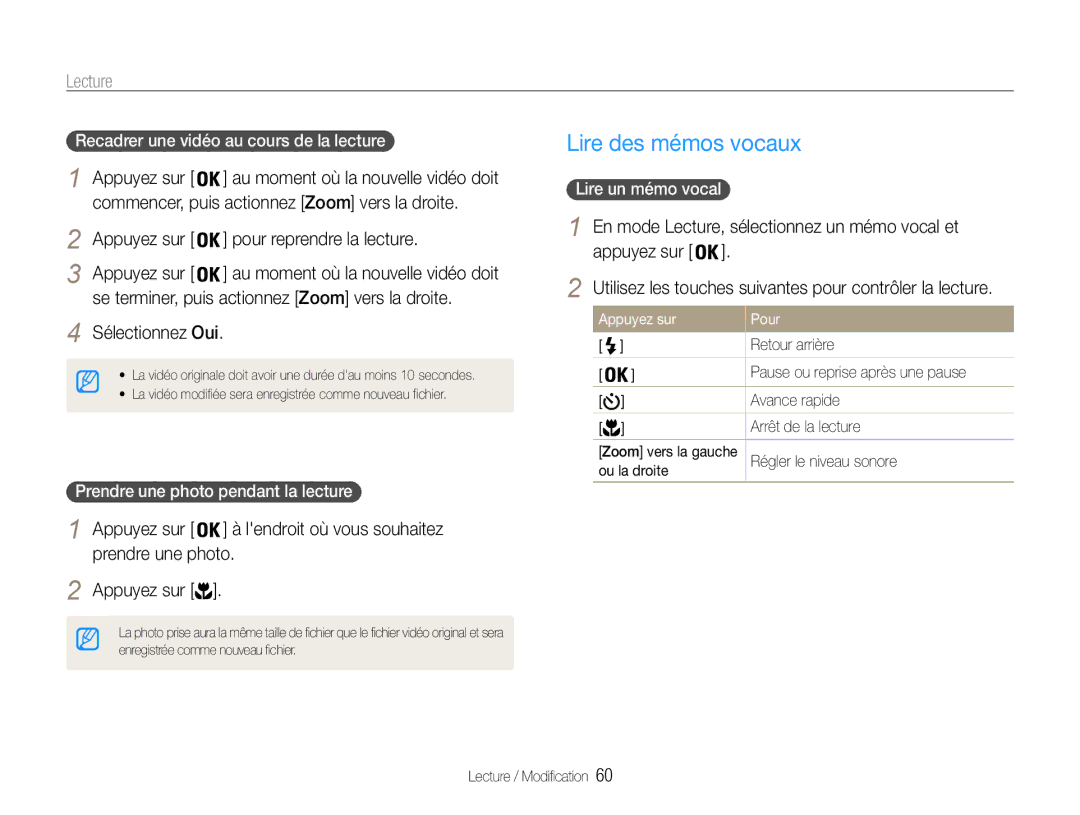 Samsung EC-PL90ZZBARE1, EC-PL90ZZBPRE1 Lire des mémos vocaux, Appuyez sur Pour reprendre la lecture, Prendre une photo 