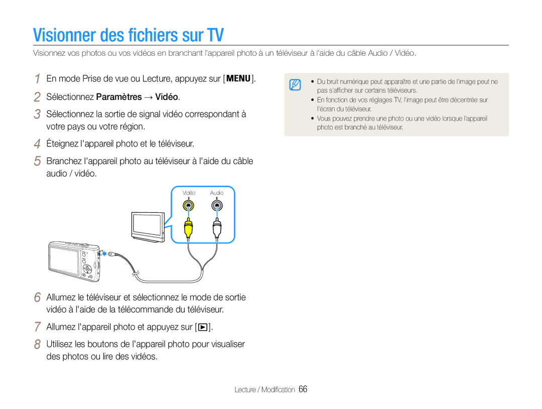 Samsung EC-PL90ZZBPAE1, EC-PL90ZZBPRE1 manual Visionner des fichiers sur TV, Allumez lappareil photo et appuyez sur 